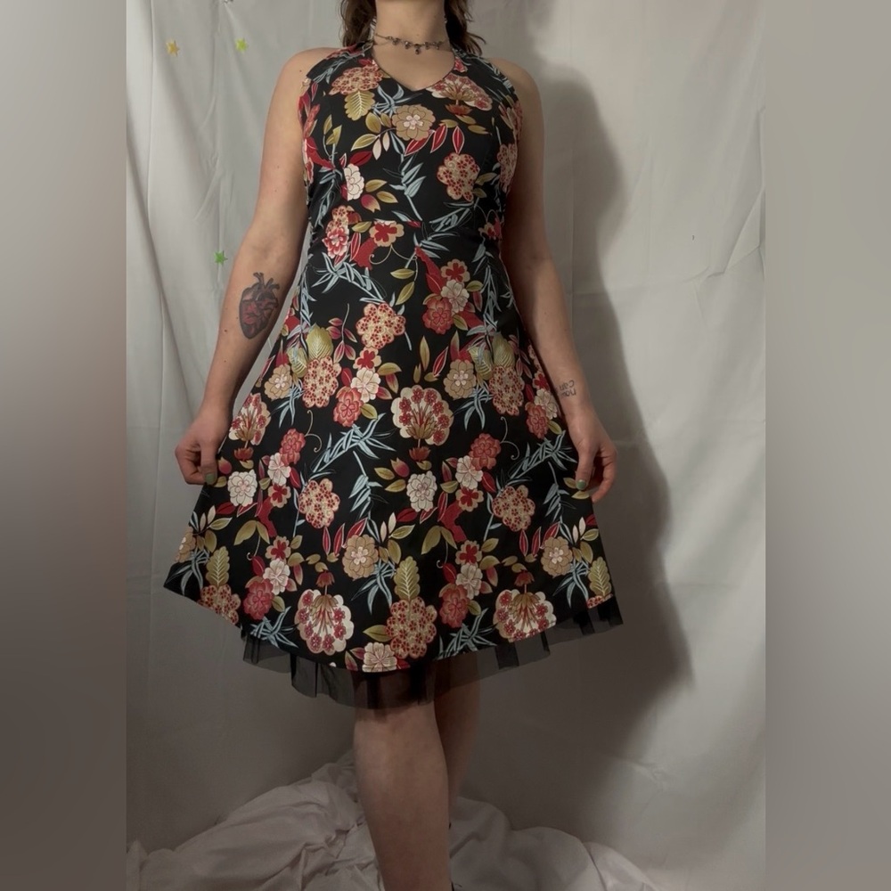 Y2K Black Floral Hawaii Tulle Whimsigoth Fairy Grunge Halter Dress Size M-L - Picture 7 of 16